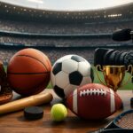 Various sports equipment including balls, a trophy, and a video camera on a wooden table with a stadium backdrop.