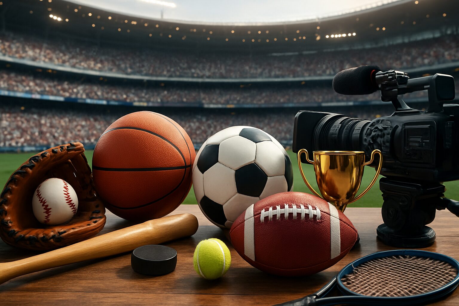 Various sports equipment including balls, a trophy, and a video camera on a wooden table with a stadium backdrop.
