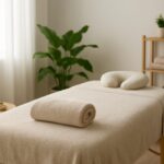 A cozy massage therapy setting with a clean massage table, towels, a candle, and plants in the background