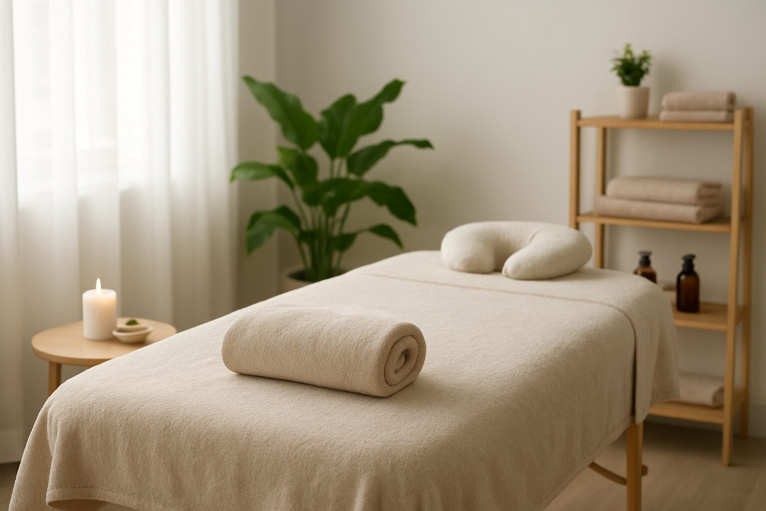 A cozy massage therapy setting with a clean massage table, towels, a candle, and plants in the background